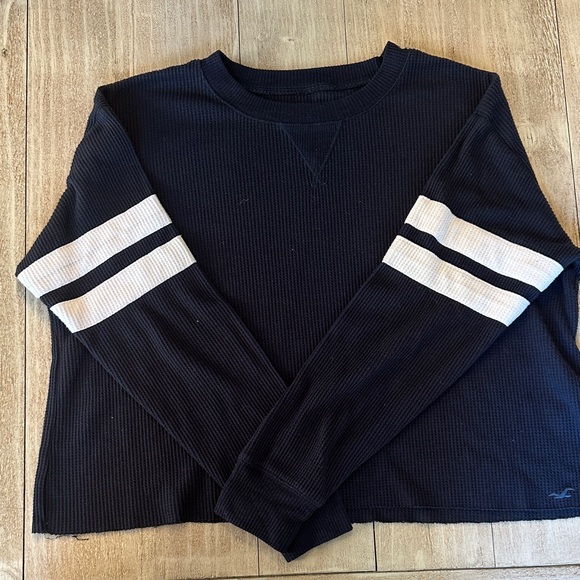 Hollister Black Long Sleeve Tee with White Stripes - Picture 1 of 4